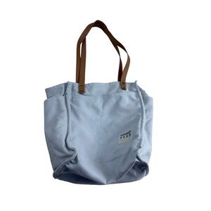 FEED Projects Canvas Tote Bag Light Blue Brown Straps Large Pocketed Shopper